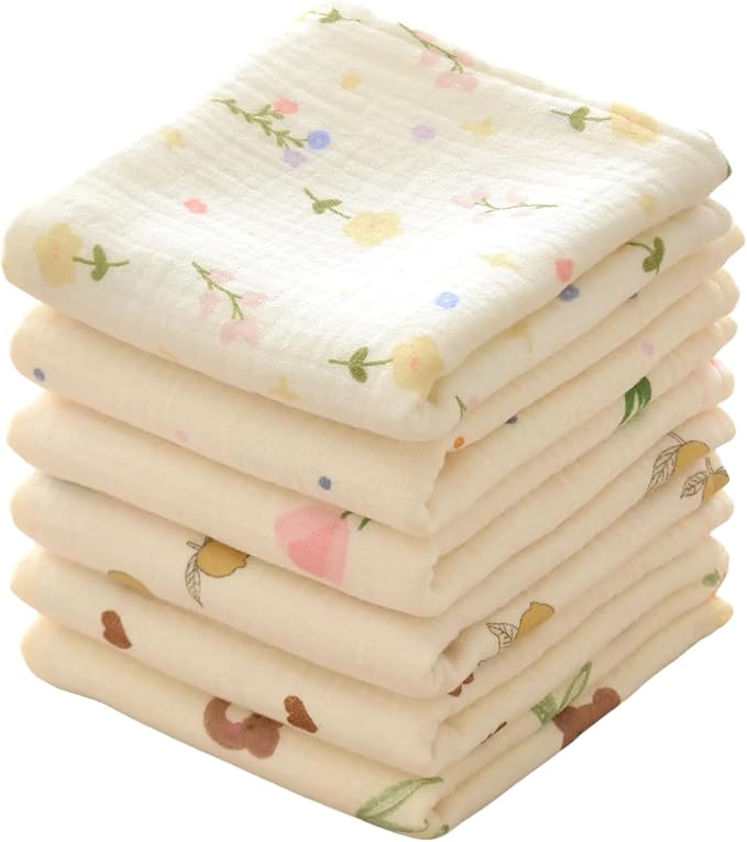MUKIN Baby Muslin Washcloths and Burp Cloths, Floral Pattern Cotton Face Towels, Burping Cloths for Newborn,6-Pack,10x20 inches
