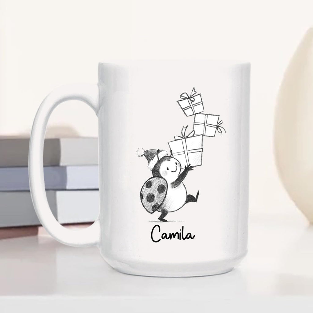 Ladybug Accent Ceramic Teacup, Personalized Ladybug Lover Coffee Mug Gift For Family Friends Besties Sibling, Cute Ladybugs Coffee Cup 11 15Oz, Customized Name Ladybugs White Coffee Cup For Birthday