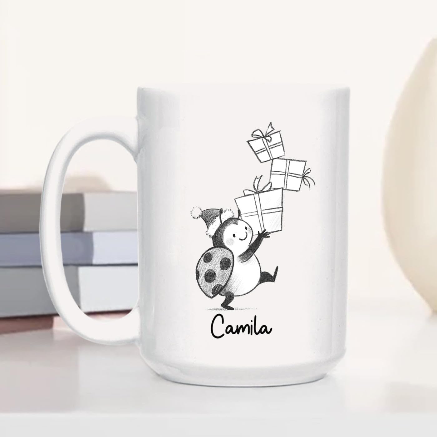 Ladybug Accent Ceramic Teacup, Personalized Ladybug Lover Coffee Mug Gift For Family Friends Besties Sibling, Cute Ladybugs Coffee Cup 11 15Oz, Customized Name Ladybugs White Coffee Cup For Birthday