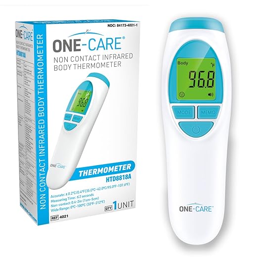 ONE-CARE Infrared Thermometer HTD8818A - Non-Contact, Homedics Thermometer, High Accuracy, Fast Reading, Body & Room Temp, Newborn Baby to Adult, Fever Alarm, Large Display