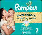 Pampers Swaddlers Diapers, Size 3 (13-26 lbs), 136 Count, Absorbent, Keeps Baby Dry and Comfortable, Skin Safe Disposable Baby Diaper (Packaging May Vary)