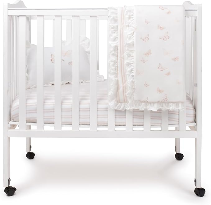 Ely's & Co. Mini Crib Bedding Set for Girls, 4 Piece Set - 1 Fitted Mini Crib Sheet, Quilted Comforter and Decorative Pillow with Insert, Pink Butterfly+Stripe Collection