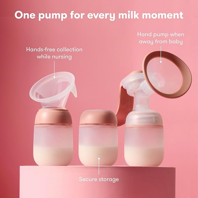 Frida Mom 2-in-1 Breast Pump: Manual Hand Pump & Hands-Free Automatic Suction Cup, Dual-Mode, Wireless Milk Collector, Ergonomic Handle, SoftFeel Flange for Breastfeeding