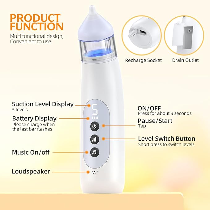 Nasal Aspirator for Baby 5 Suction Levels Rechargeale Nose Sucker, Music and Light Silicone Nose Suction Battery Powered for Baby Girls Boy Adult Pets