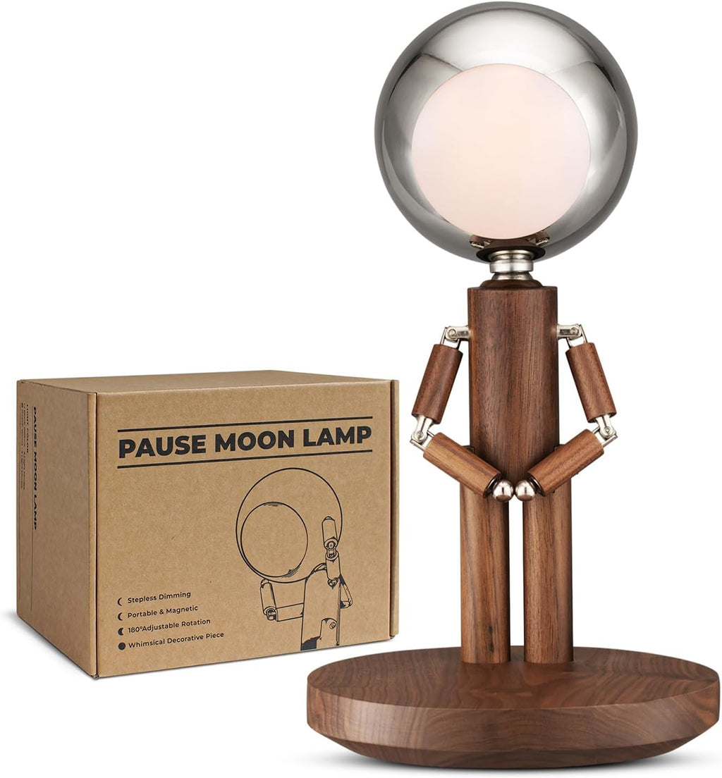 Moon Lamp for Bedroom, 5200mAh Rechargeable Wooden Desk Lamp with Touch Control & Adjustable Brightness, Creative Cordless Lamp, Decorative Bedside Lighting for Living Room & Gift