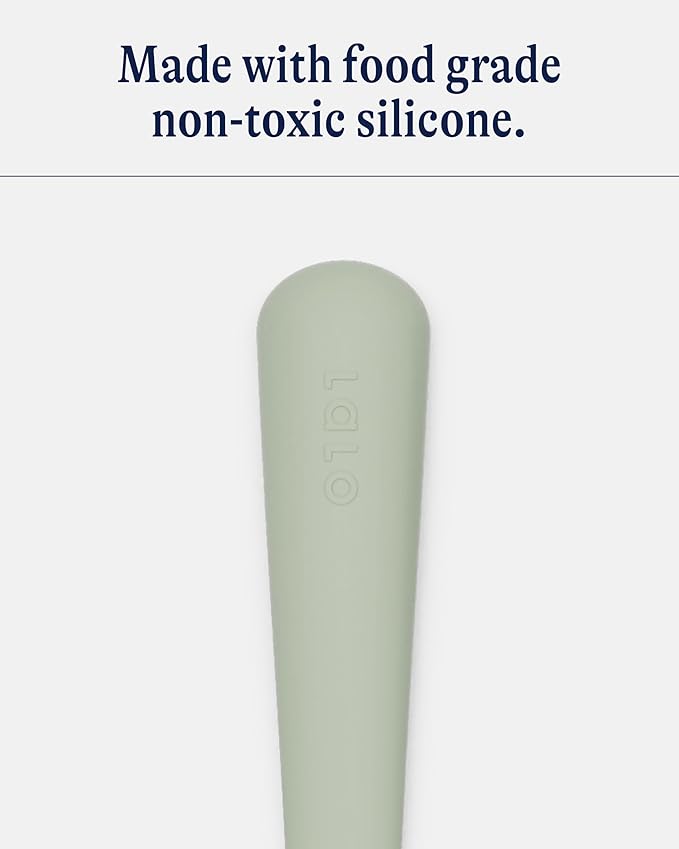 Lalo Utensils - Toddler Fork and Spoon Set - Stainless Steel and Silicone Ergonomic Toddler Utensils - Children Safe Flatware Set - 2 Pieces - Sage