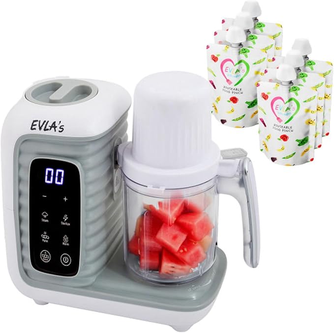 EVLA'S Double Baby Food Maker with 2 Steaming Baskets, Steamer, Blender, Grinder, Food Processor, Cook & Blends Healthy Baby Food in Minutes, Touch Screen, with 6 food pouches, White