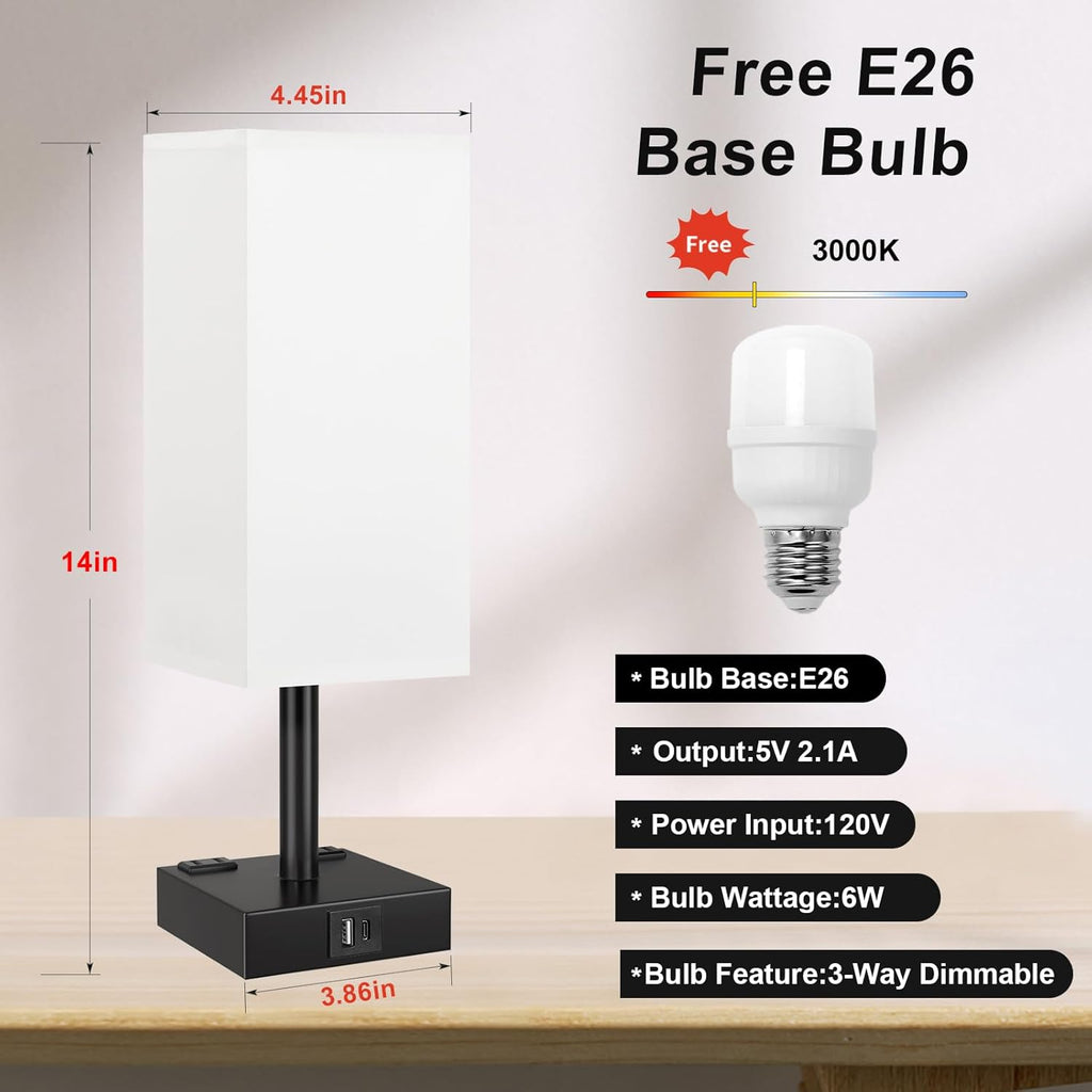 Touch Bedside Table Lamp for Nightstand - 3-Way Dimmable Night Lamp with USB A + Type C Charging Ports and Two AC Outlets, Small Desk Light with E26 LED Bulb for Bedroom Living Room,White Black