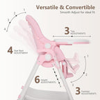 Kinder King Convertible Baby High Chair, Adjustable Feeding Chair for Babies and Toddlers with Removable Double Tray, Simple Compact Fold for Space-Saving, 2 Built-in Wheels, Easy to Clean, Pink