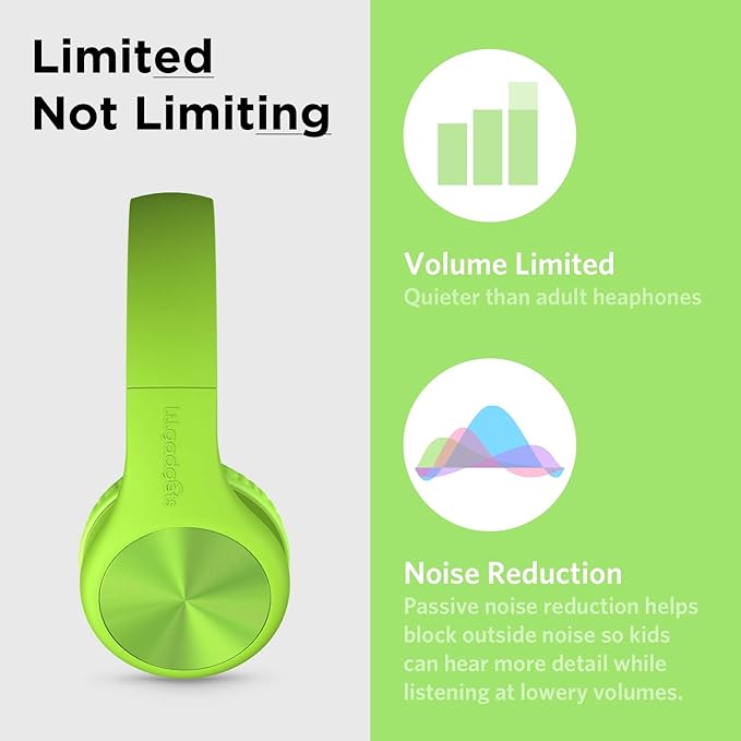 LilGadgets Connect+ Pro Wired Kids Headphones for School w/Microphone, Volume Limiting & Noise Reduction Over-Ear Headset w/Cord, SharePort Technology & SoftTouch Padding, Green Headphones for Kids
