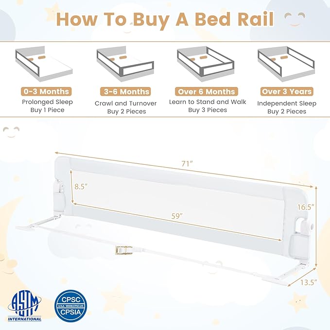 HONEY JOY Bed Rail for Toddlers, Extra Long, Foldable Portable Swing Down Safety Bed Guard Rail, Toddler Bed Rails for Crib, King Queen Full Twin Size Bed Mattress (White, 2 Pack, 71 Inch)
