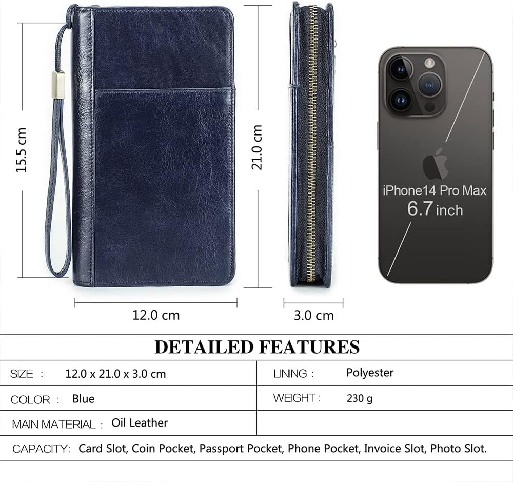 CONTACTS Passport Wallet Leather Family Passport Holder for 4 Travel Documents Organizer RFID Blocking Zipper Blue Card Wallet with 13 Card Slot