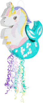 Unicorn Mermaid Pinata - Pull String Pinata for Girls Under the Sea Party Decorations, Rainbow Birthday (Small, 16.5x13x3 In), For Ages 3+