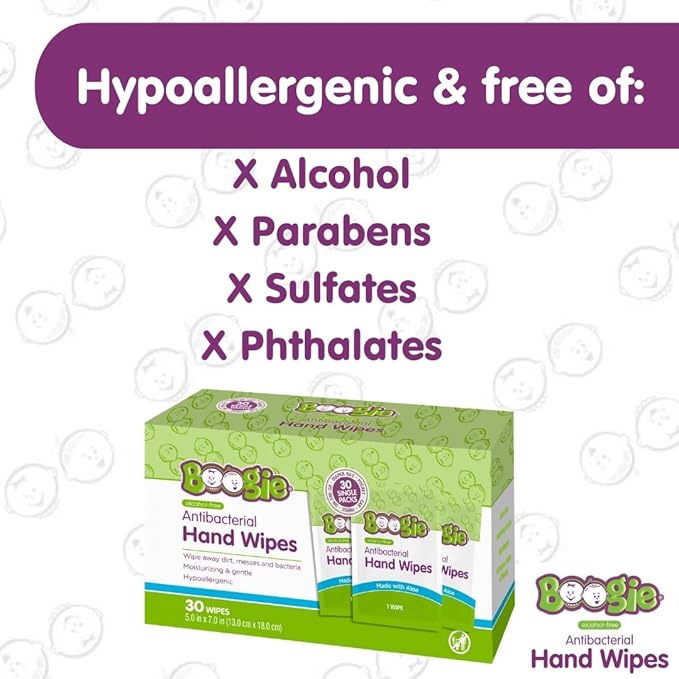 Antibacterial Hand Wipes by Boogie, Alcohol Free, Hypoallergenic and Moisturizing Aloe, Hand Wipes for Kids and Adults, Single Packs, 30 Wipes (Pack of 3)