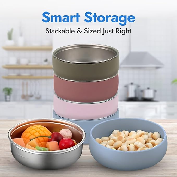 Stainless Steel Bowls with Removable Soft Silicone Sleeves | BPA-Free, Non-Toxic, Non-Slip, Stay-Put | Perfect for Kids, Toddlers & Babies | Ideal for Cereal, Snacks & Meals | 4 Pack