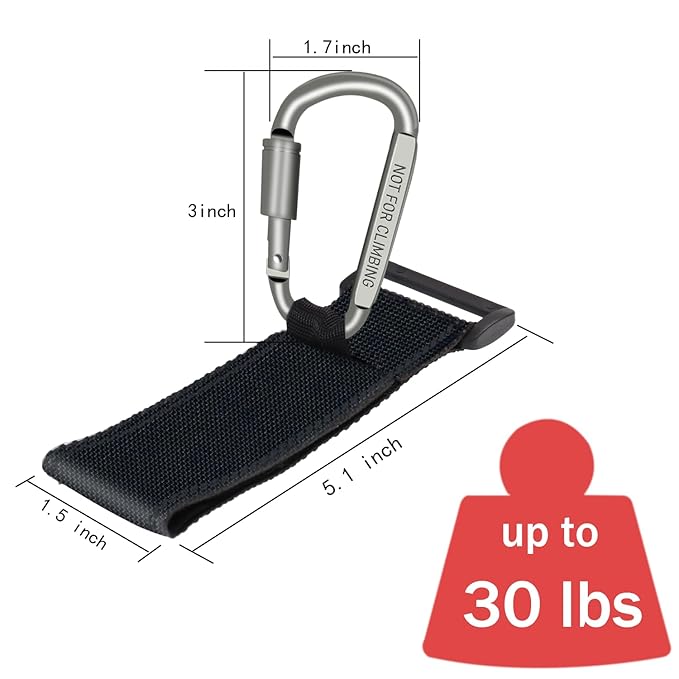 Baby Stroller Hook, Carry 30 lbs per Stroller Carabiner Clip, Adjustable Baby Stroller & Car Seat Hook for Hanging Diaper Bag, Wheelchair,Golf cart, Shopping and Pet Cart(2 Pcs Silver)