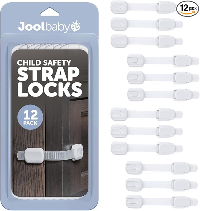 Child Safety Strap Locks (12 Pack) Baby Proof Cabinets, Drawers, Fridge, Toilet & Trash Cans – 3M Adhesive Childproof Locks – Jool Baby