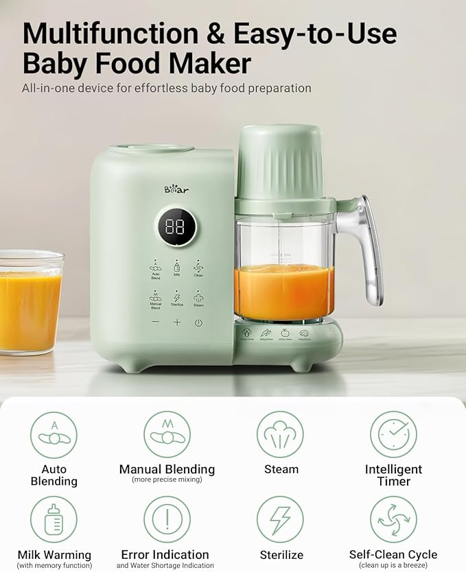 Bear Baby Food Maker with Dual-Layer Steam Baskets, OneStep Baby Food Processor Steamer Puree Blender Grinder Mills Machine, Auto Cooking Grinding&Sterili-zing for Healthy Homemade Baby Food, BPA-Free