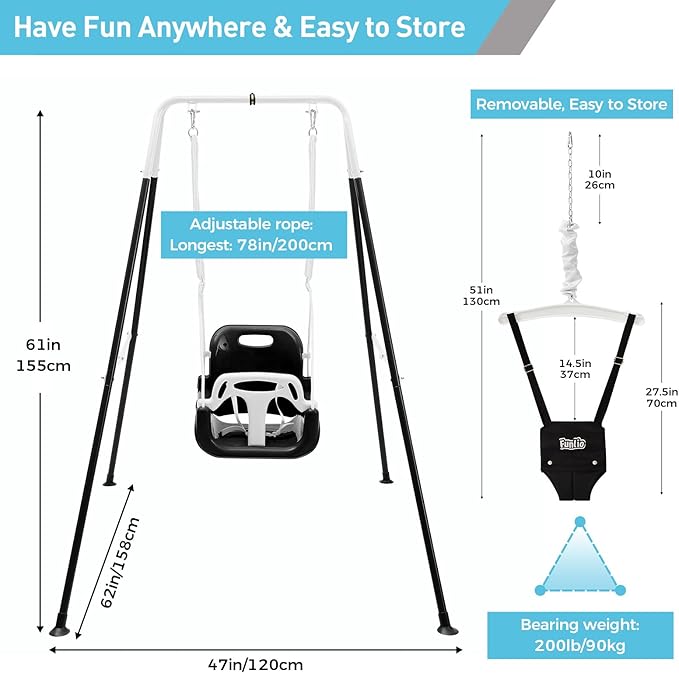 FUNLIO 2 in 1 Swing Set for Toddler & Baby Jumper, Heavy Duty Kids Swing & Bouncer with 4 Sandbags, Foldable Metal Stand for Indoor/Outdoor Play, Easy to Assemble and Store - Black
