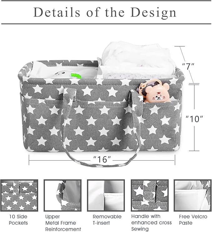 Baby Diaper Caddy Large Collapsible Nursery Organizer Storage Basket for Boy Girl Portable Holder Tote Bag for Changing Table Car Travel Registry Favorites Newborn Essentials Must Haves stars