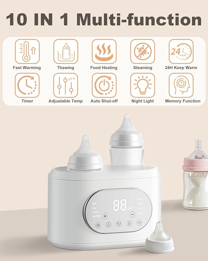 Bottle Warmer, 10-in-1 Fast Baby Bottle Warmer for Breastmilk & Formula, Double Milk Warmer with Timer, Accurate Temp Control, Thaw, Steaming, Heat Food, Keep Warm and Night Light