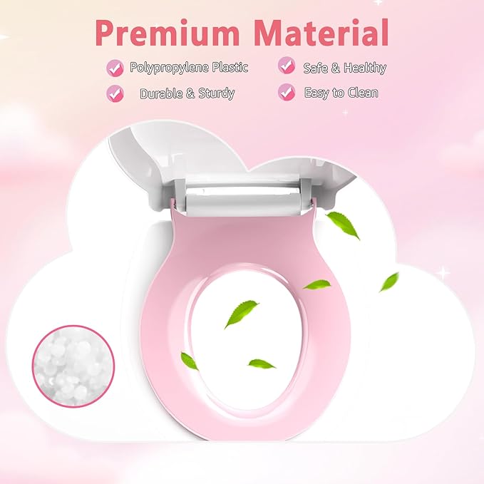 Toddler Toilet Seat with Potty Training Seat Round 16.5inch, 2 in 1 Toilet Seat for Family Built-in Baby Seat Removable, Soft Close + Easy Clean, PP Safe Material, Pink