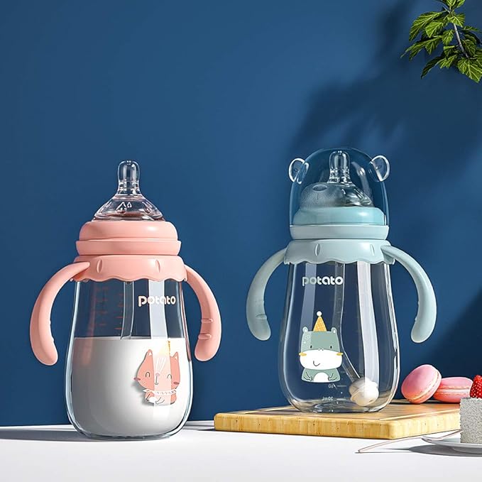 POTATO Glass Baby Bottles, Anti-Colic Breastfeeding Bottles with Medium Flow Nipple, Suitable for Babies 3-6 Months, 2 Replaceable Nipples, 6 oz, Blue