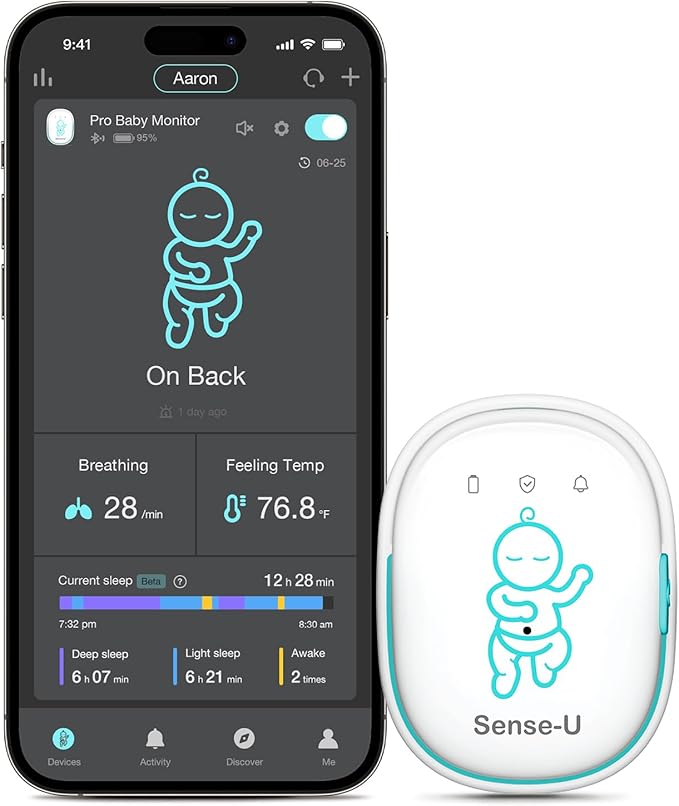 Sense-U Pro Baby Monitor – Breathing Movement, Rollover & Overheating Trackers for Better Sleep, Simple Clip-On Smart Sleep Monitor with Arousal Vibration, Audible Alerts & Sleep Analysis