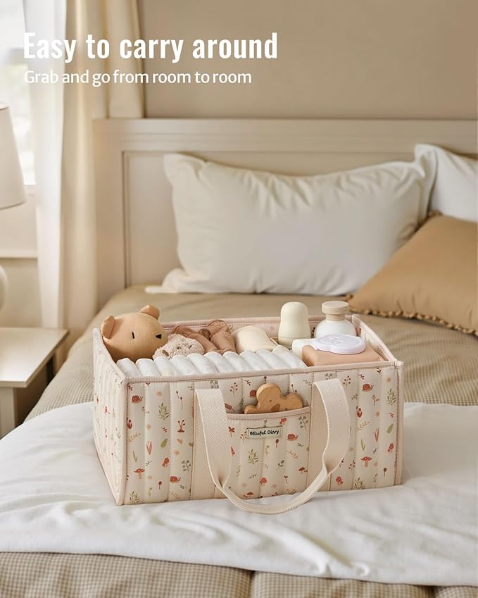 Blissful Diary Woodland Diaper Caddy Organizer, Stylish Nursery Storage Basket, Gift for Baby Shower, Newborn Essentials, Woodland Cream
