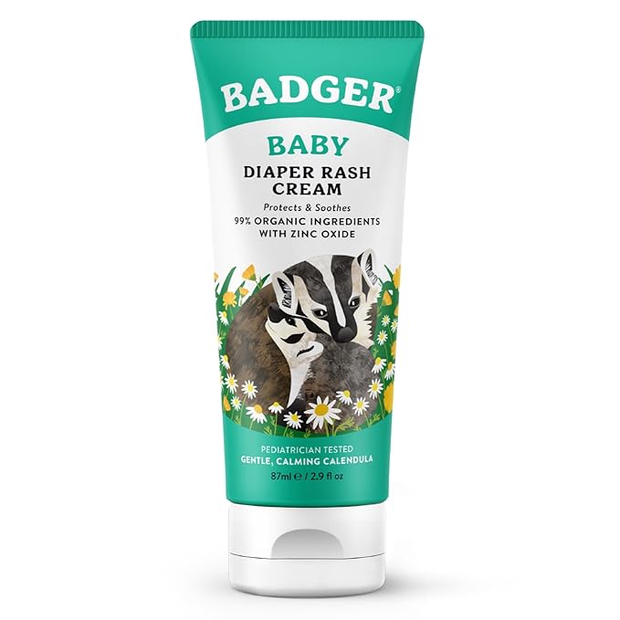 Badger Diaper Cream, 99% Organic Diaper Rash Cream for Baby, Zinc Oxide Ointment w/Soothing Calendula Cream for Sensitive Baby Skin, 2.9 fl oz