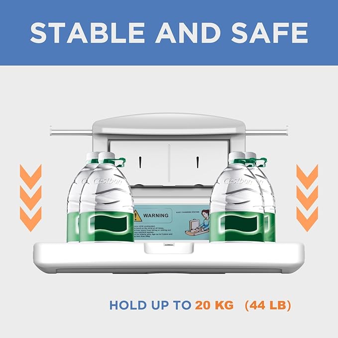 Commercial Baby Changing Station, Wall Mounted Horizontal Baby Changing Table with Safety Strap, Foldable Diaper Tables for Bathroom, White