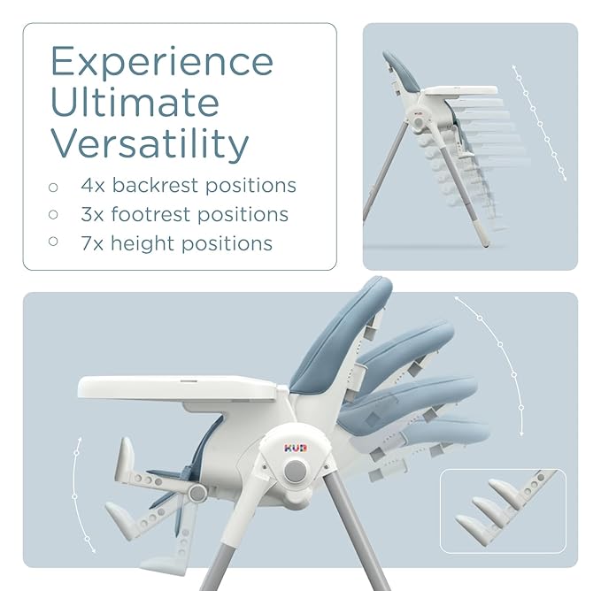 KÜB 3-in-1 Foldable Baby High Chair (Blue) | Multifunctional Infant High Chairs for Babies and Toddlers | Removable Seat & Tray for Easy Clean | 7 Height & 4 Recline Adjustable | 2 Locking Wheels