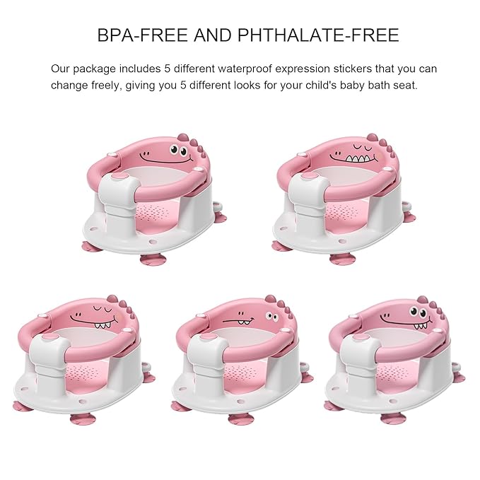 TPN Baby Bath Seat for Babies 6 Months & Up, Non-Slip Toddler Bath Seat with 5 PCS Waterproof Emoji Stickers, Portable Infant Bath Seat for Baby(Pink)
