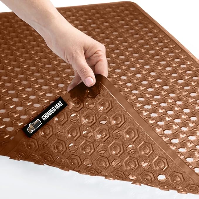 GORILLA GRIP Patented Bath Tub Shower Mat, Machine Washable Bathtub Floor Liner Mats, Suction Cups and Drain Holes to Keep Tubs Clean, Soft on Feet, Bathroom Essentials, 35x16 Inch, Brown