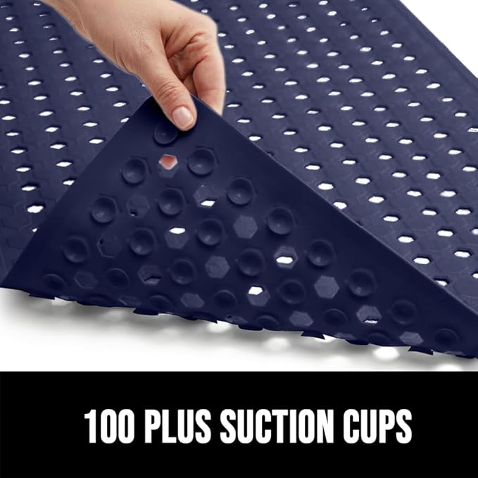 GORILLA GRIP Patented Square Shower Stall Mat, Small Bathtub Floor Mats for Stand Up Showers, Suction Cups and Drainage Holes, Machine Wash, Soft on Feet, Bathroom Accessories 21x21 Inch, Navy Opaque