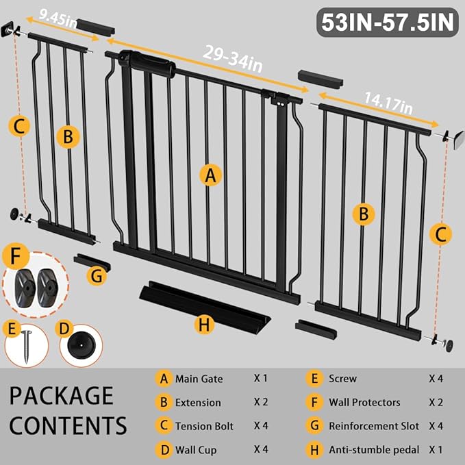 Fairy Baby Extra Wide Baby Gate Black 53-57.5 Inch Wide, Walk Through Pressure Mounted No Drill, Long and Large Tension Gate for Pet and Kids