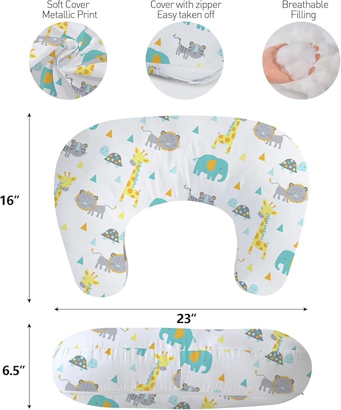 Little Grape Land Nursing Pillow,Upgraded Breast Feeding Pillow for Mom,Breastfeeding & Bottle Feeding for 0–19 Months, Soft Machine Washable Cover with Firm Breathable Filling, Tummy Time,Animals
