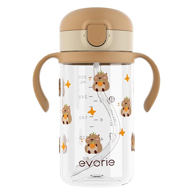 Evorie Tritan Spill Proof Toddler Straw Sippy Cup, 10 oz for Baby and Toddlers 1-3 Years Old, No Spill Straw Water Bottle with Removable Handles, Ideal for School, BPA-Free, Capybara (NEW)