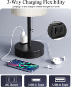 Plus Bedside Table Lamps Set of 2-3 Color Temperatures Pull Chain Lamp with AC Outlet Charging Port, Round Night Stand Lamps for Bedroom Guest Room Office, Bed Side Light with E26 LED Bulbs