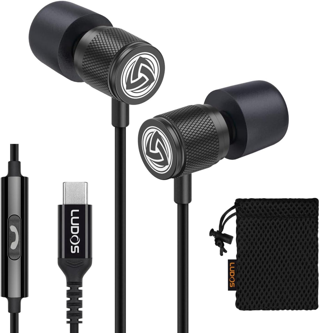 LUDOS Ultra USB C Headphones for iPhone 16 15 Pro Max Plus iPad Pro, 5 Years Warranty, Magnetic USB-C Earbuds for Samsung Galaxy S24 S23 Ultra S22 S21 FE S20 A55 A54 A53, USB Type C Earphones - Black