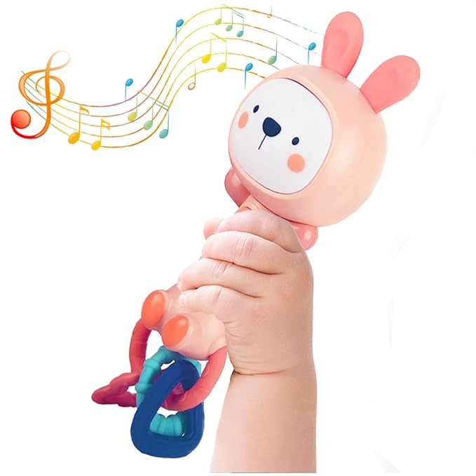 Baby Music Rattle, Teething Toys for Infants 6-12-18 Months Toddlers, Light-Up & Chew Sensory Toys for Baby Boy Girl Gifts (Rabbit)