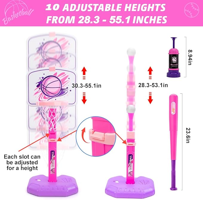Meland Toddler Basketball Hoop, Pink 4-in-1 Kids Basketball Hoop for Indoor Outdoor Play, Tball Set with Baseball Pop Up Machine, Girls Toys Birthday Gift
