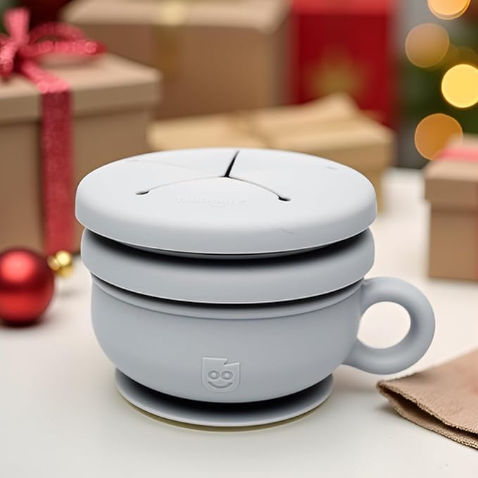 TalkTools Itsy Bowl with Locking Lid - Platinum grade silicone with Volume Lines, Curved Walls for Easy Scooping - for Babies, Toddlers, Children, and Elderly - Snack Cup Lid Accessory (Cloud)