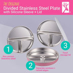 Stainless Steel Divided Plates + Silicone Sleeve and Storage Lid | Baby, Toddler, Kids | Dinner & Snack Plates | 4 Pack