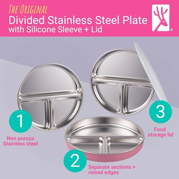 Elk and Friends Stainless Steel Divided Plates with Normal Sleeve for Babies & Toddlers | Lids Included Dinner & Snack Plates | 4 Pack