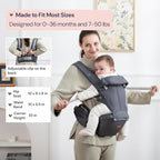 BabbleRoo Grow Carrier – Safety-Certified 6-in-1 Baby Carrier with Hip Seat, Ergonomic & Adjustable Toddler Carrier 7-50 lbs with Hip Support, Hood for Sun Protection, Newborn to Toddler, Gray
