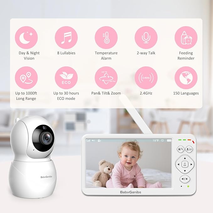 6" Big Screen Baby Monitor with Camera and Audio, 1000ft Long Range No WiFi, 2-Way Talk, 8 Lullabies, ECO Mode, Infrared Night Vision, 150 Languages, Baby Shower,Baby Register Gift
