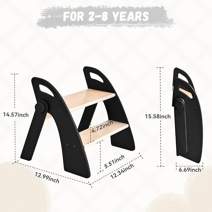 Wooden 2 Step Stool for Kids Bathroom Sink Foldable Anti-Slip 2-Step for Toilet Potty Training, Child Stepping Stool for Kitchen Nursery Bedroom, Sturdy Non Slip Adult Stool for Closet Black