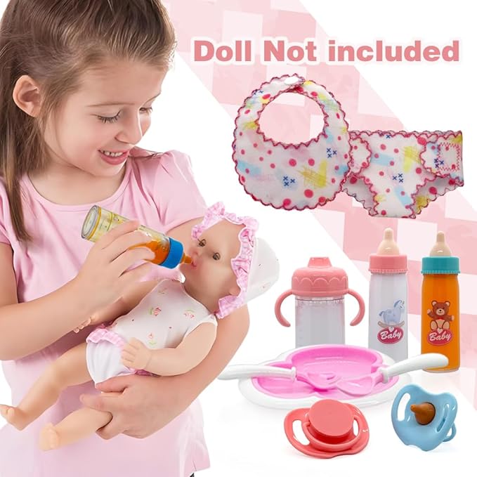 Baby Doll Accessories Magic Bottle Set - 11 Pieces Doll Feeding Pretend Playset with Disappearing Milk & Juice Bottles, Pacifiers Bowl Diaper and Bib Doll Bottle Toys set Gift for Kids Girls Ages 3+