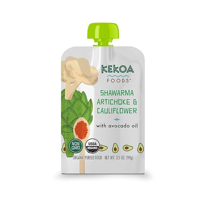 Kekoa Foods Shawarma, Artichoke & Cauliflower Baby Food Purée | 100% USDA Certified-Organic Vegetarian Squeeze Pouch | Organic, Non-GMO, Gluten-Free, Vegan | Nutritious First Food for Babies | 3.5 oz